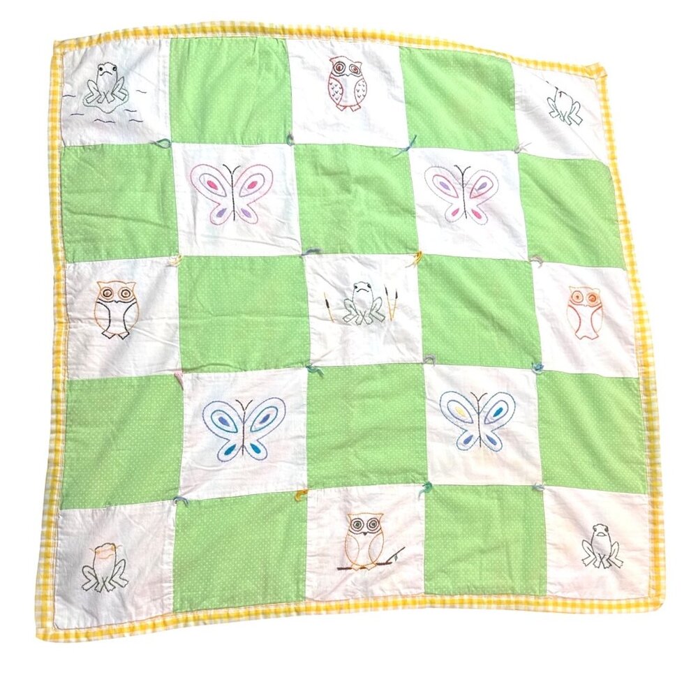 Handmade Baby Quilt Embroidered Frogs Owls & Butterflies Green White Patchwork